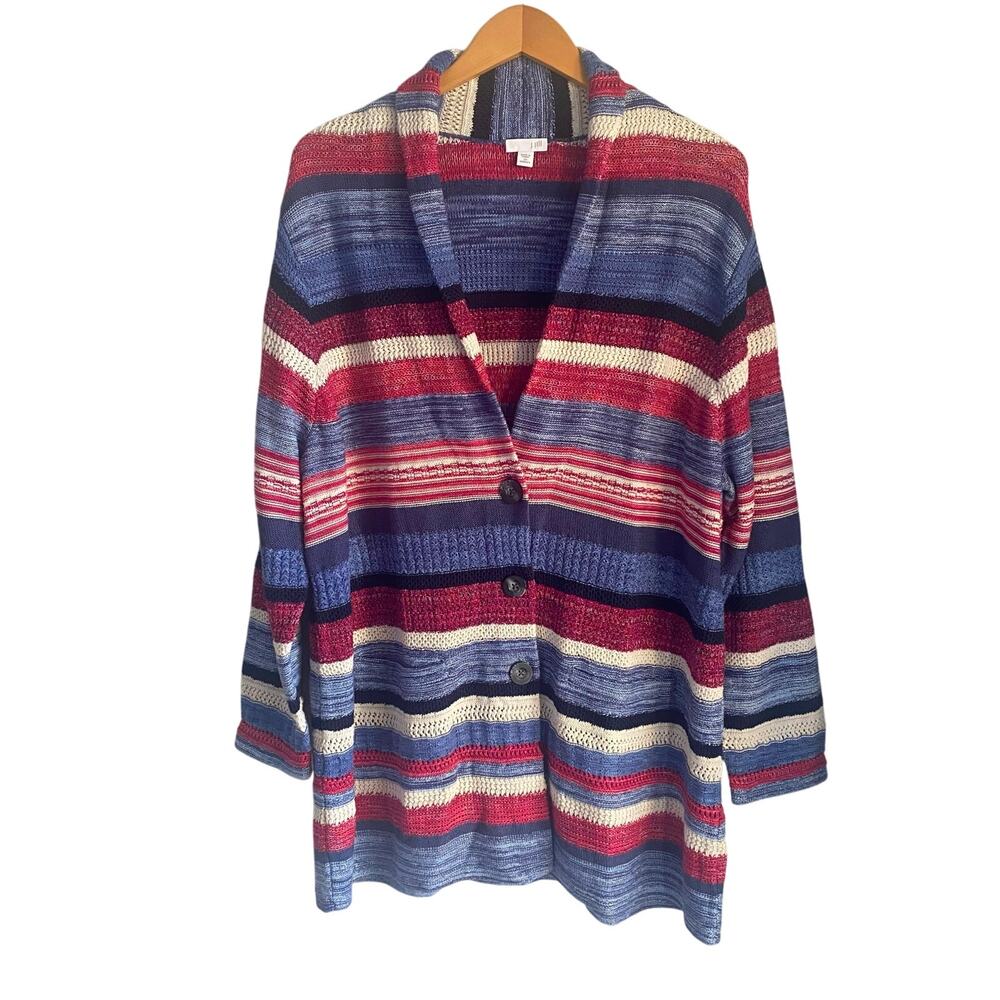J. Jill Women 2X Shawl Collar Duster Cardigan Cotton Linen Blue Red Striped Cozy - Picture 3 of 8